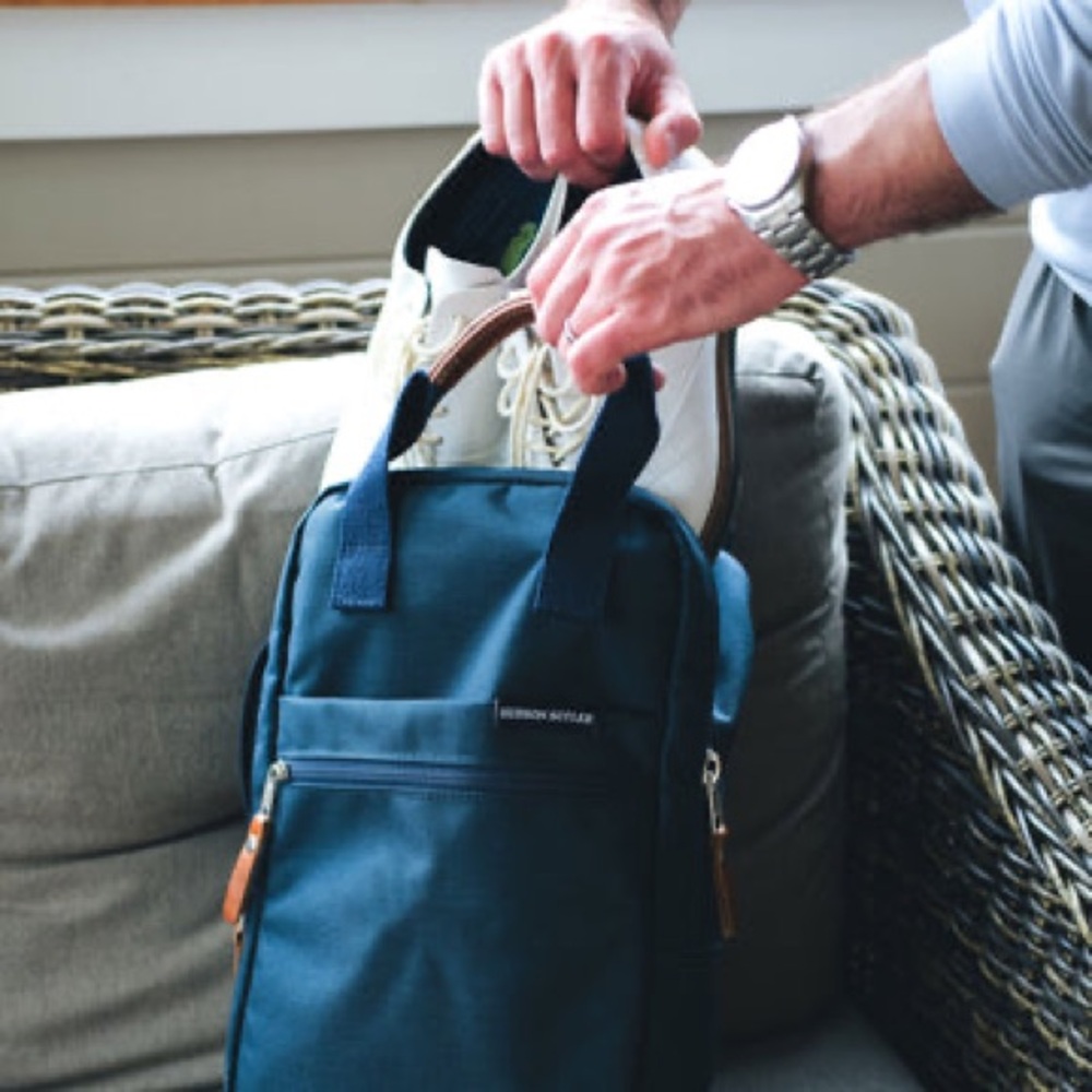 NEW Hudson Sutler Savannah Golf Shoe Bag Beer Caddy in Navy / Brown Leather